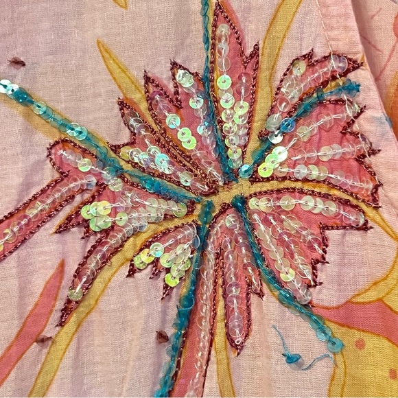 LeTarte embelished tropical swim cover cardigan top, cotton, pastel colors, S/M - Picture 10 of 14